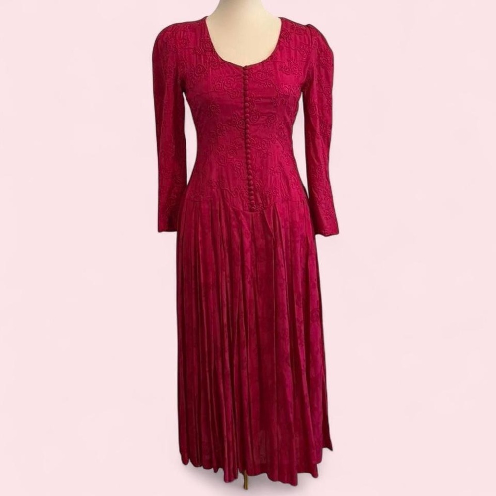 Vintage Marie St. Claire Berry Pink Embroidered Midi Dress Size 4‎